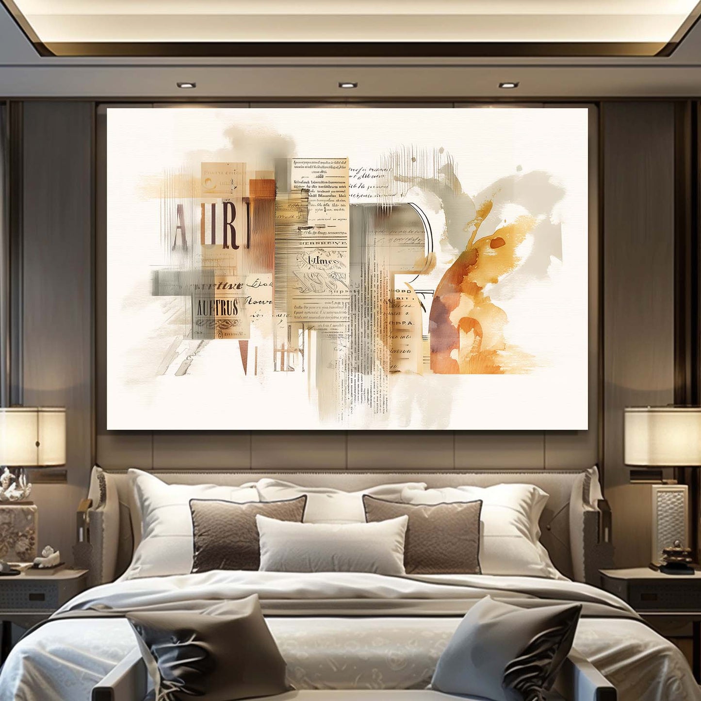 Golden Watercolor Abstract Farmhouse Canvas Art – styled in a furnished interior