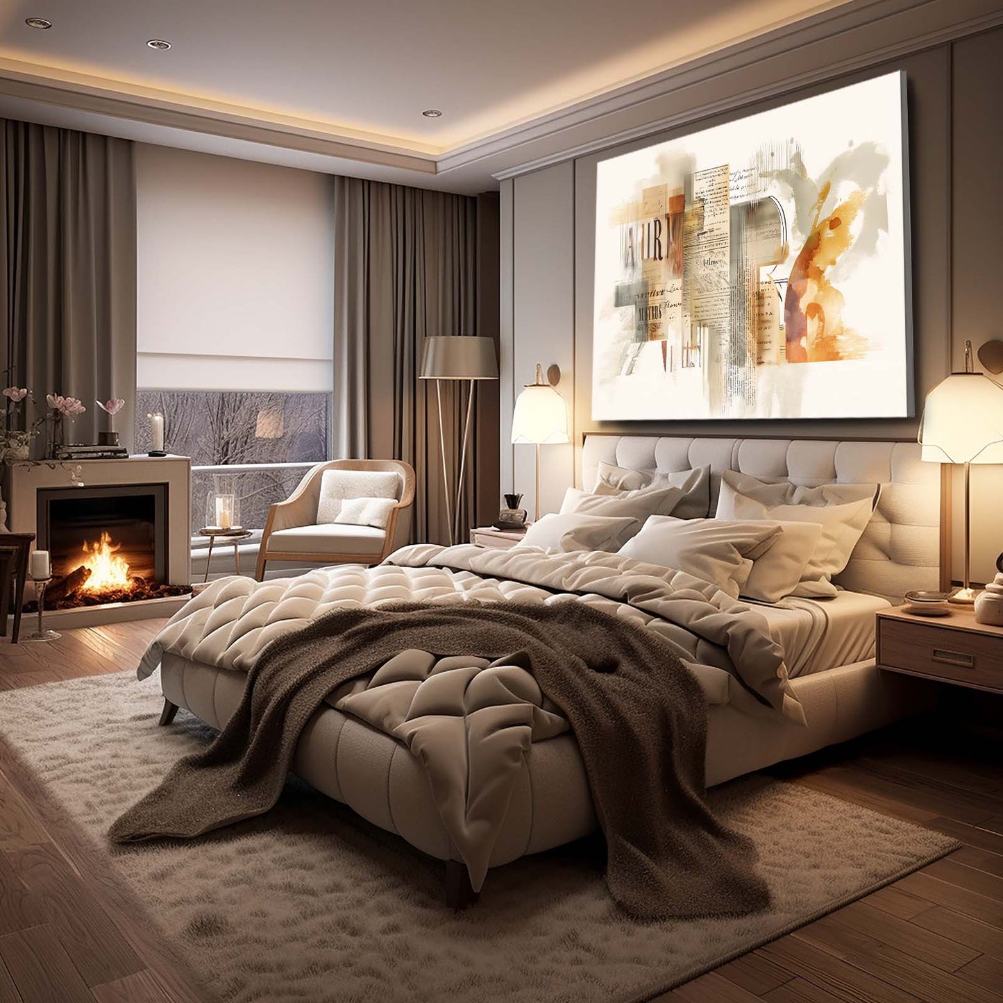 Golden Watercolor Abstract Farmhouse Canvas Art – styled in a furnished interior