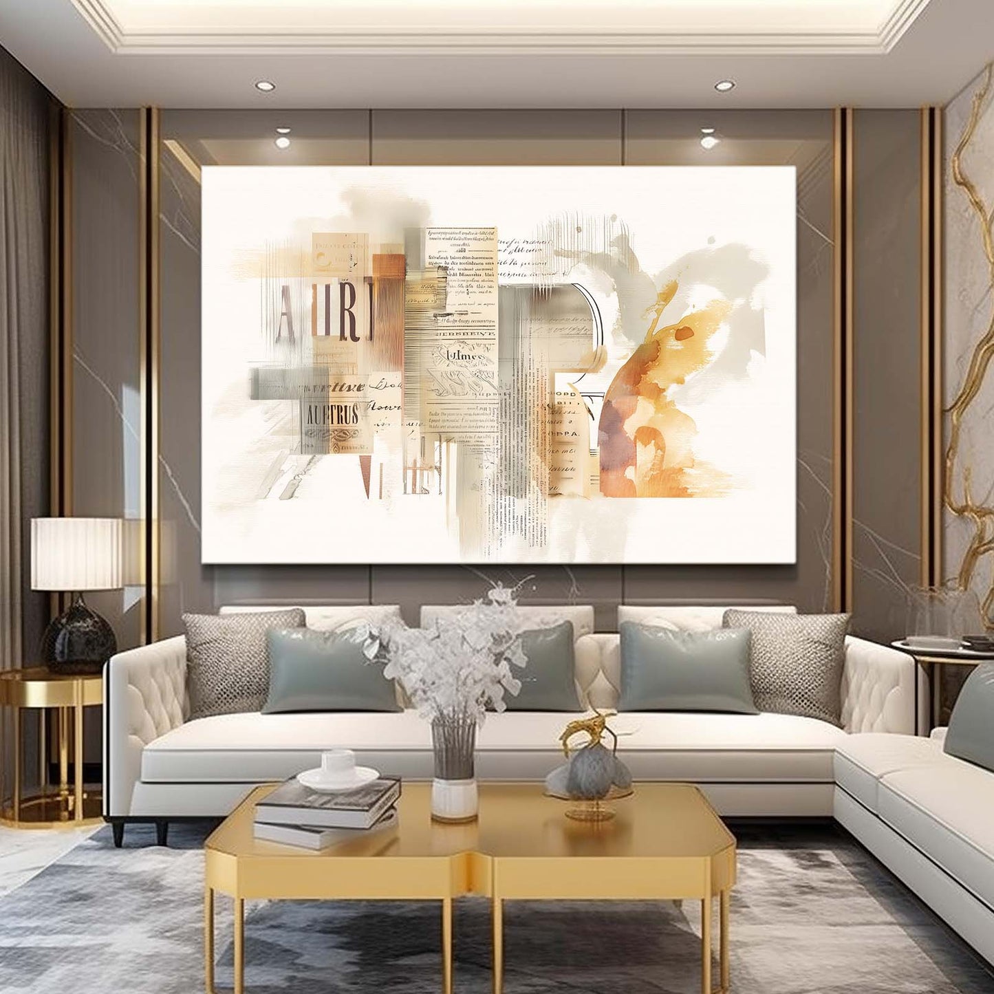 Golden Watercolor Abstract Farmhouse Canvas Art – styled in a furnished interior
