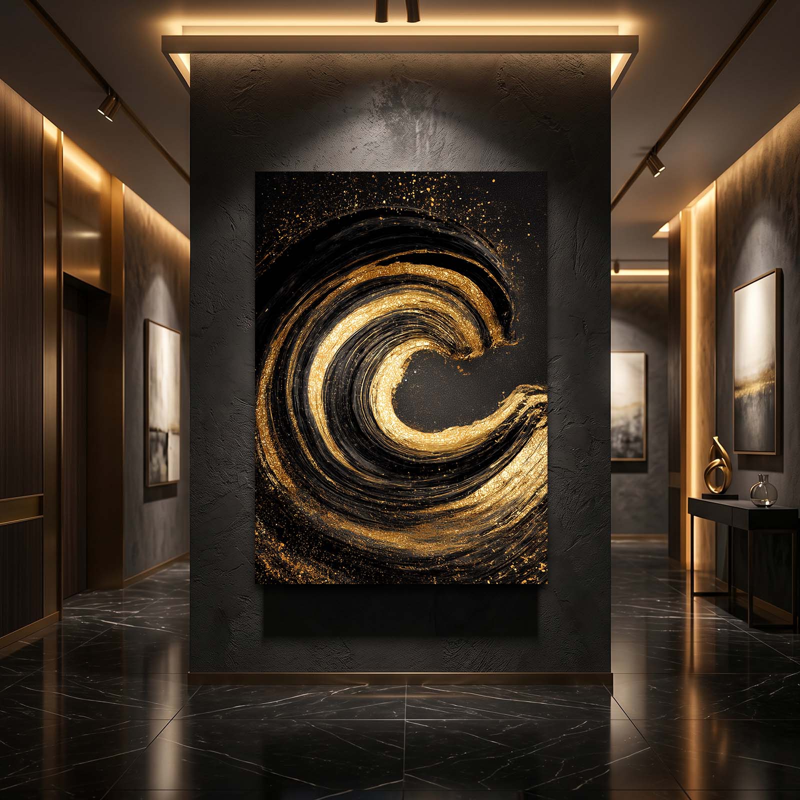 Golden Wave Spiral Canvas – styled in a furnished interior