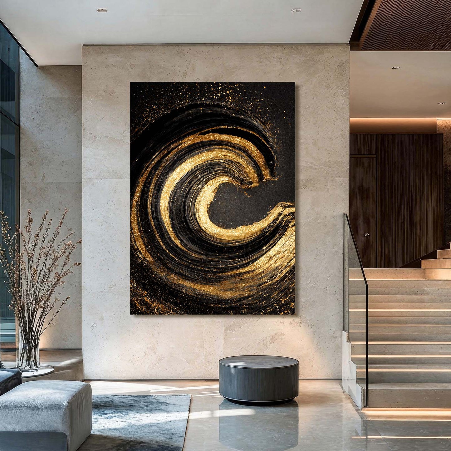 Golden Wave Spiral Canvas – styled in a furnished interior