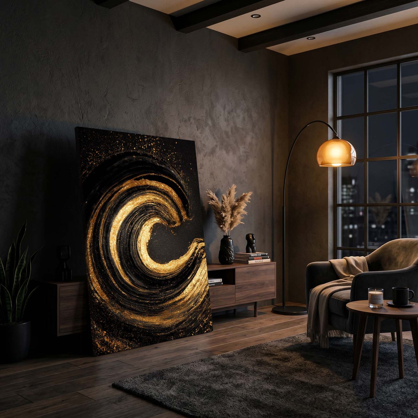 Golden Wave Spiral Canvas – styled in a furnished interior