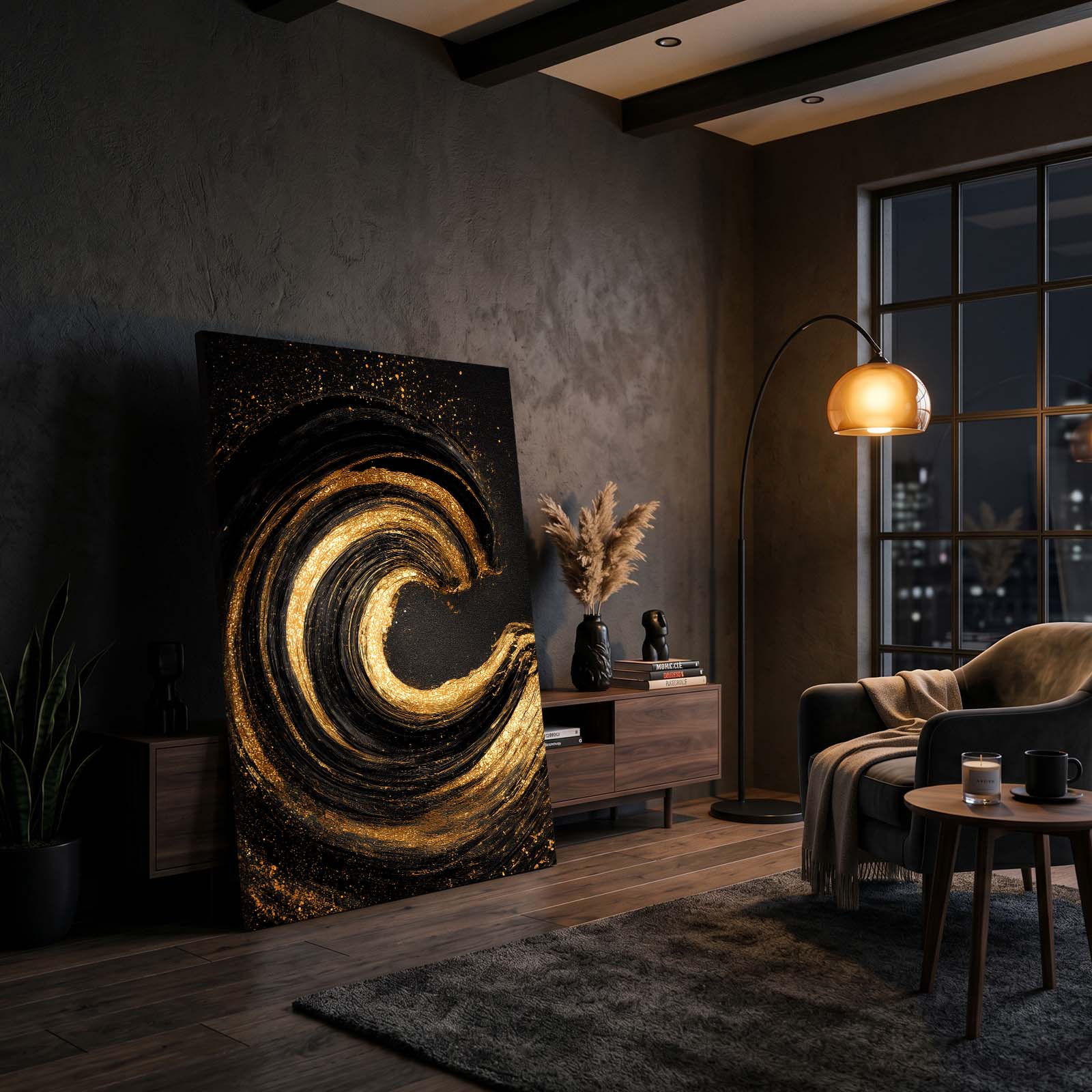 Golden Wave Spiral Canvas – styled in a furnished interior