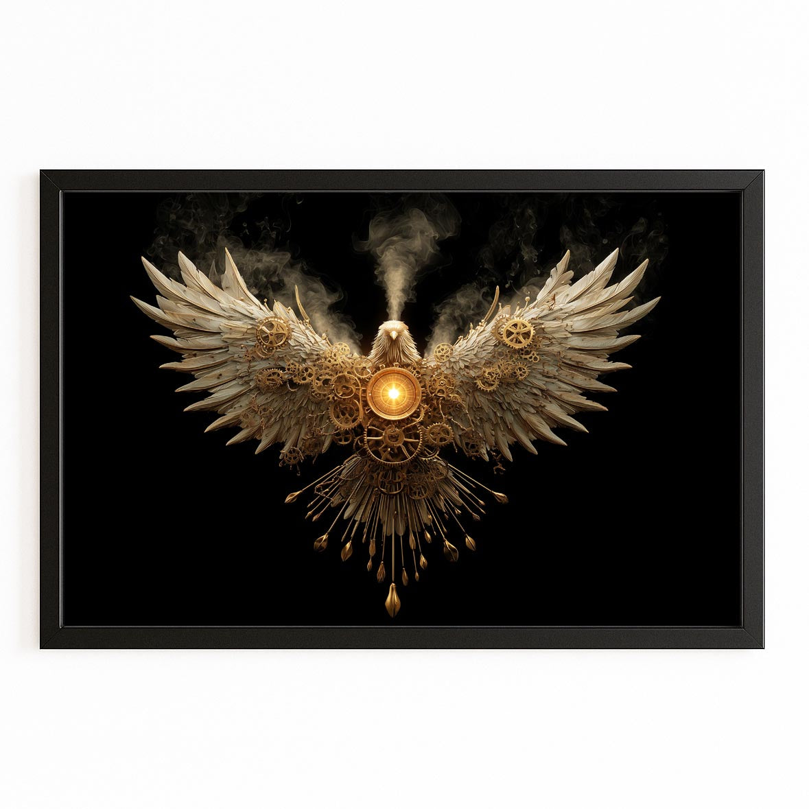 Golden Winged Heart Steampunk Art – with Premium Black frame on white background