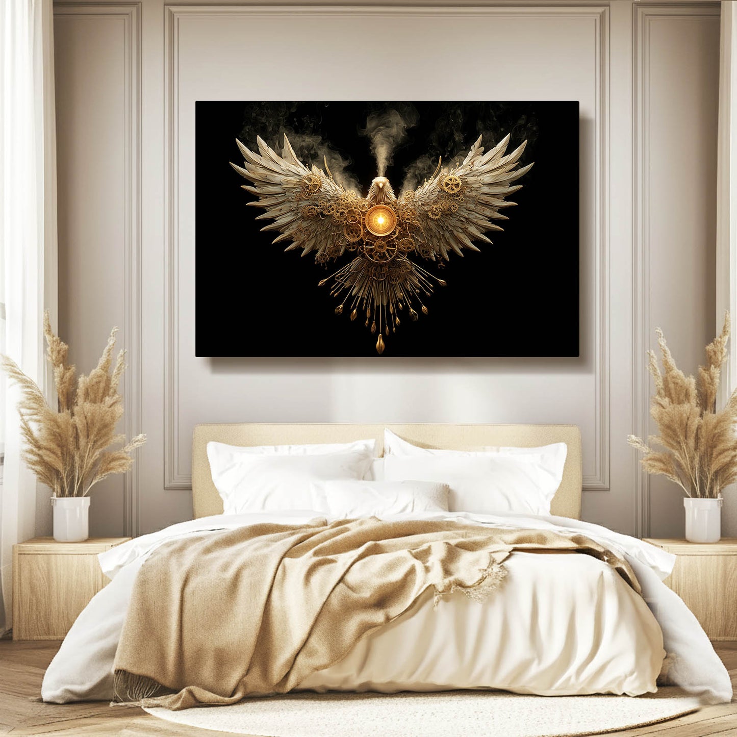 Golden Winged Heart Steampunk Art – styled in a furnished interior