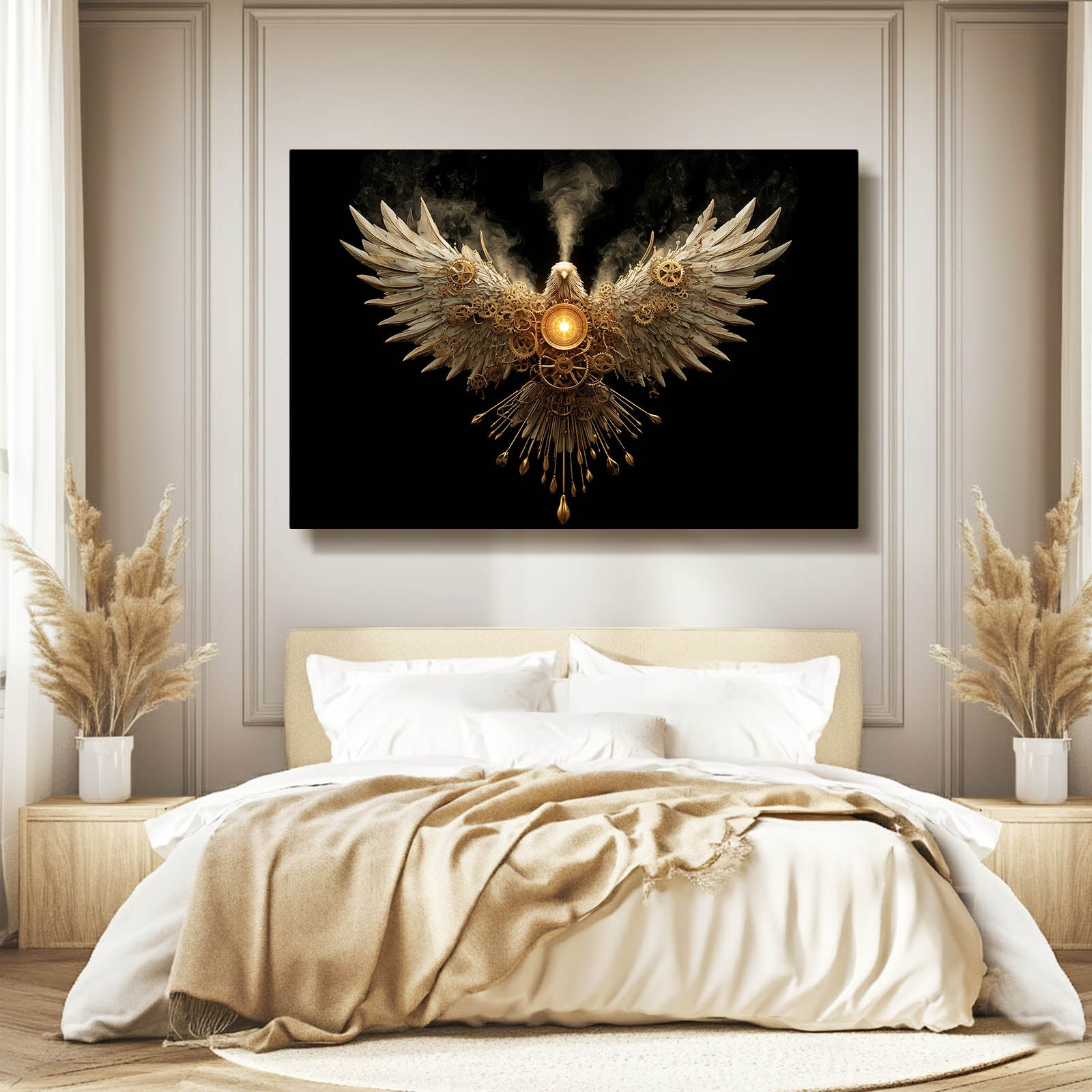 Golden Winged Heart Steampunk Art – styled in a furnished interior