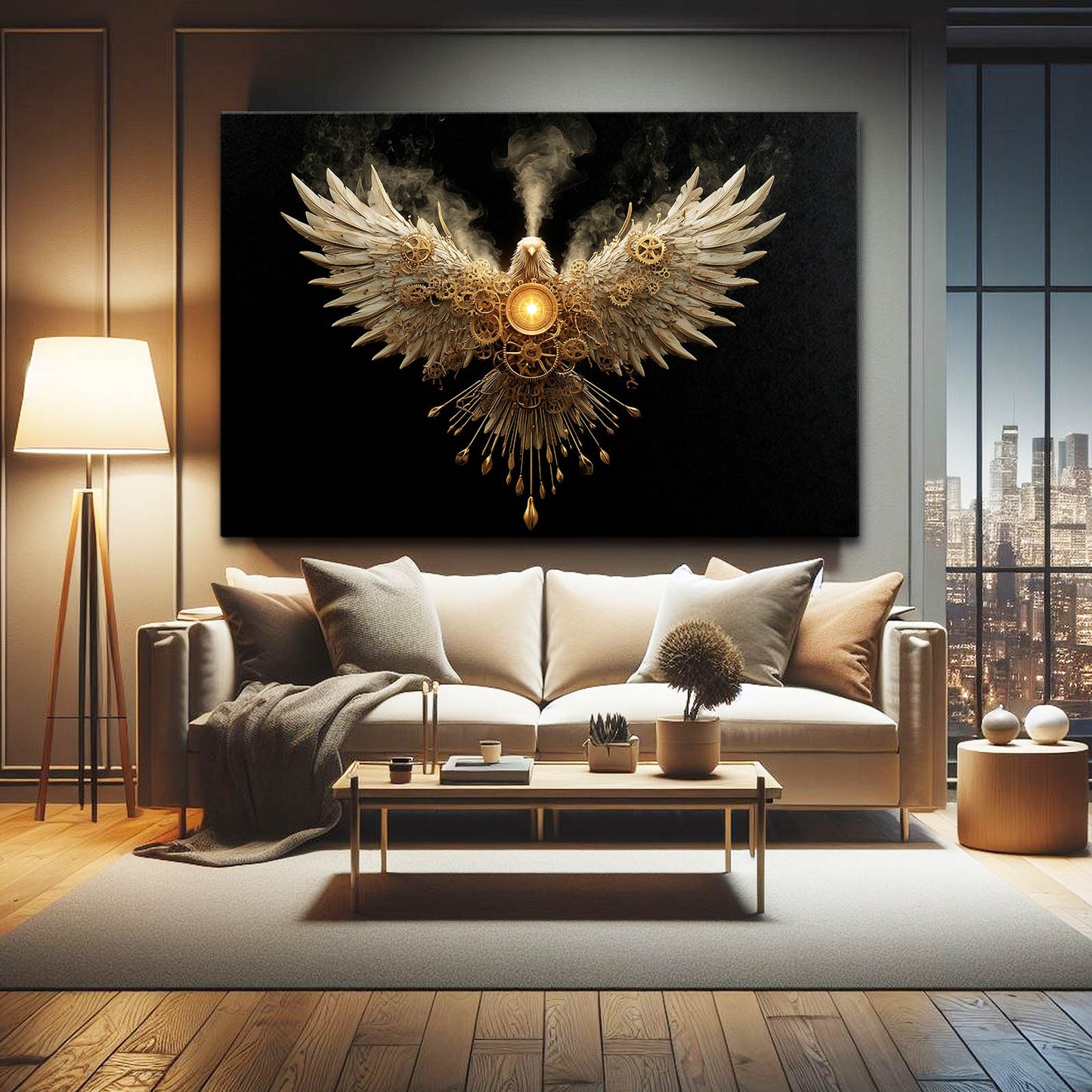 Golden Winged Heart Steampunk Art – styled in a furnished interior