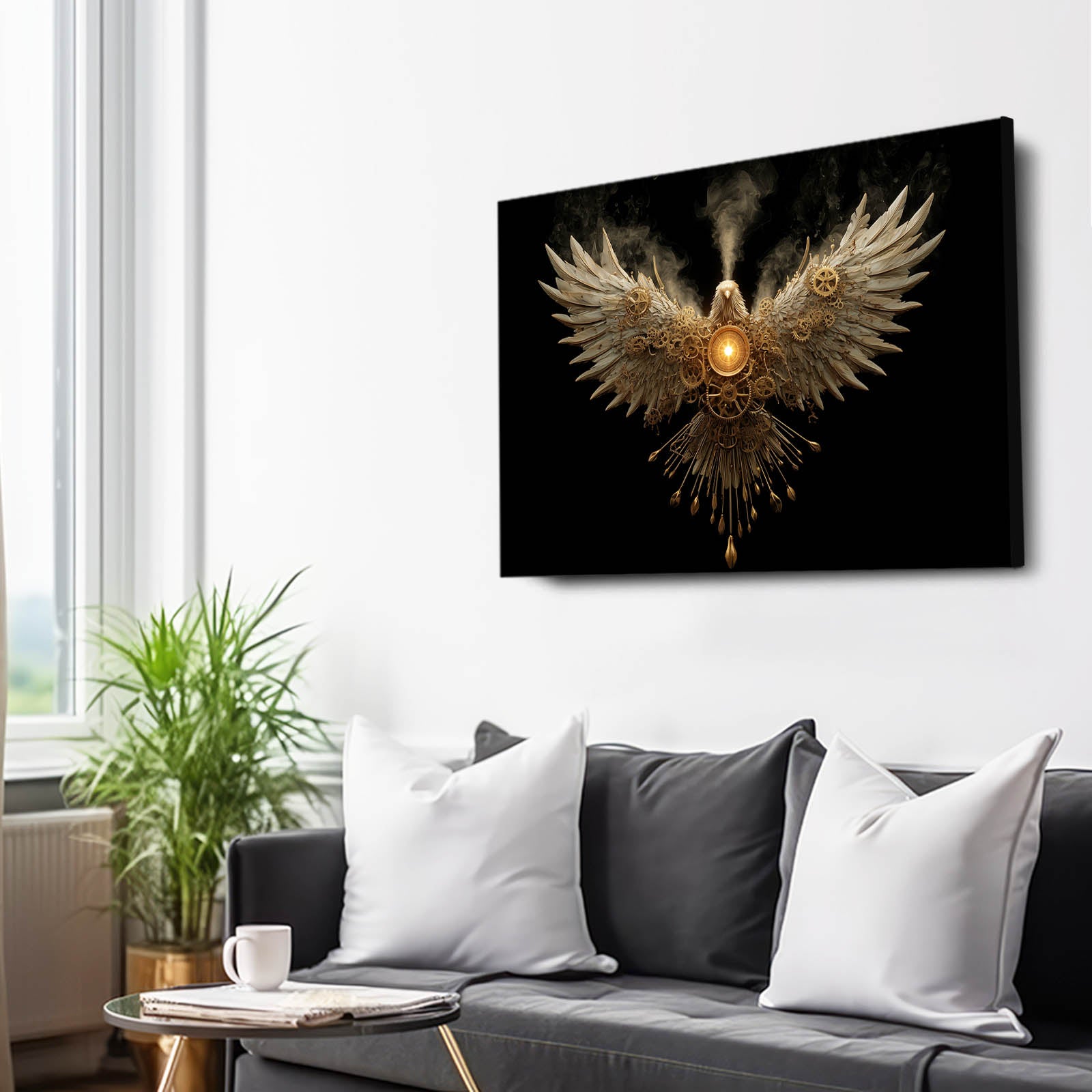 Golden Winged Heart Steampunk Art – styled in a furnished interior