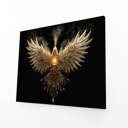 Golden Winged Heart Steampunk Art – angled canvas view on white background