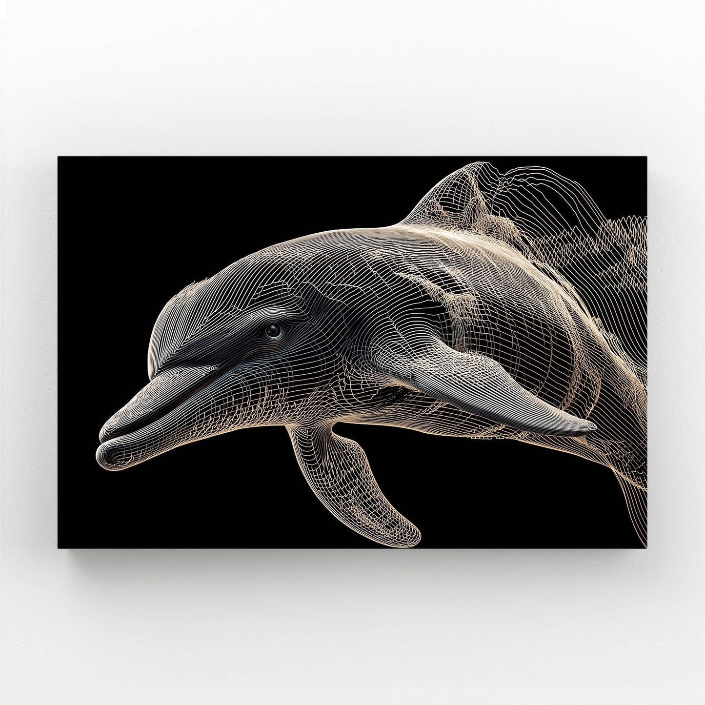 Golden Wire Dolphin Wall Art – two dolphins drawn in flowing golden wire lines and particles on black