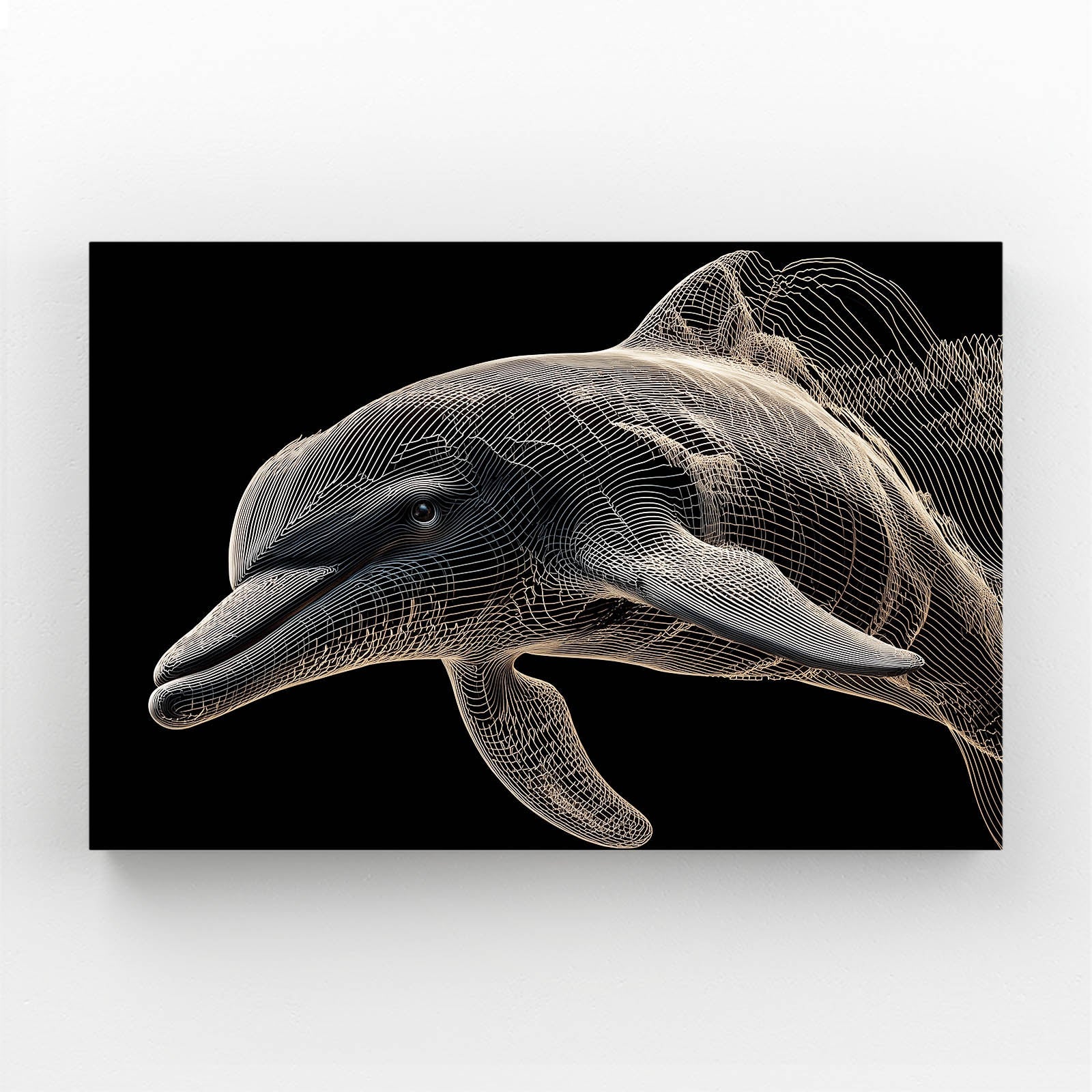 Golden Wire Dolphin Wall Art – two dolphins drawn in flowing golden wire lines and particles on black