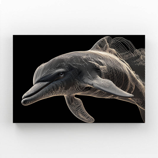 Golden Wire Dolphin Wall Art – two dolphins drawn in flowing golden wire lines and particles on black