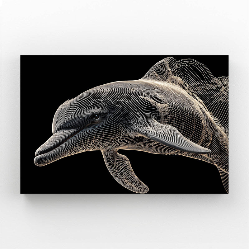 Golden Wire Dolphin Wall Art – two dolphins drawn in flowing golden wire lines and particles on black