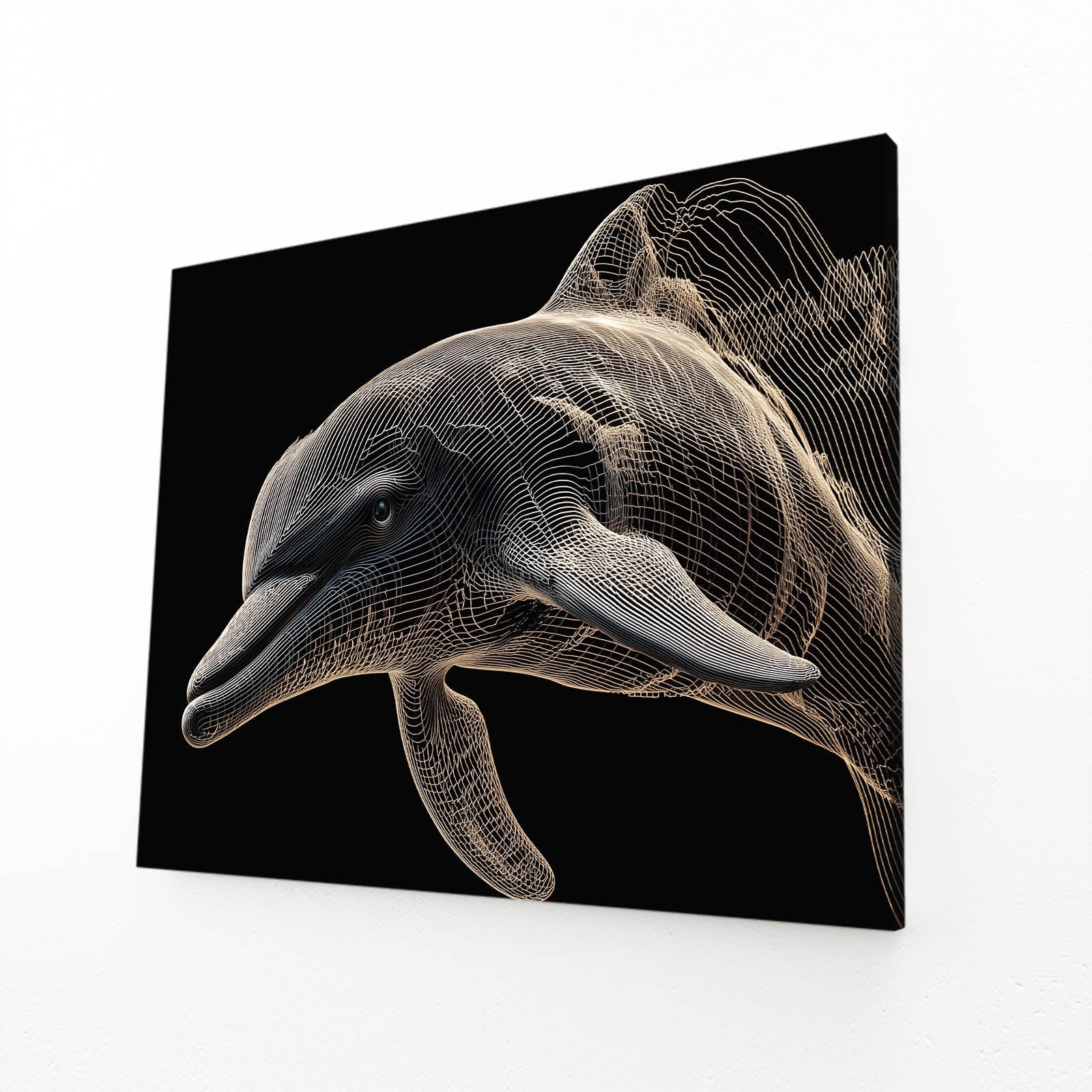 Golden Wire Dolphin Wall Art – angled canvas view on white background