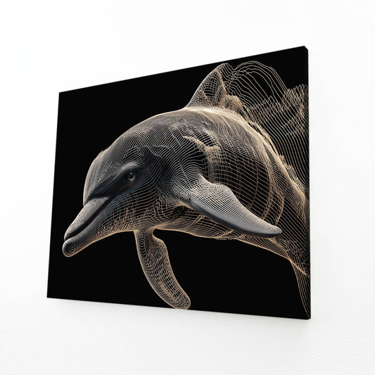 Golden Wire Dolphin Wall Art – angled canvas view on white background