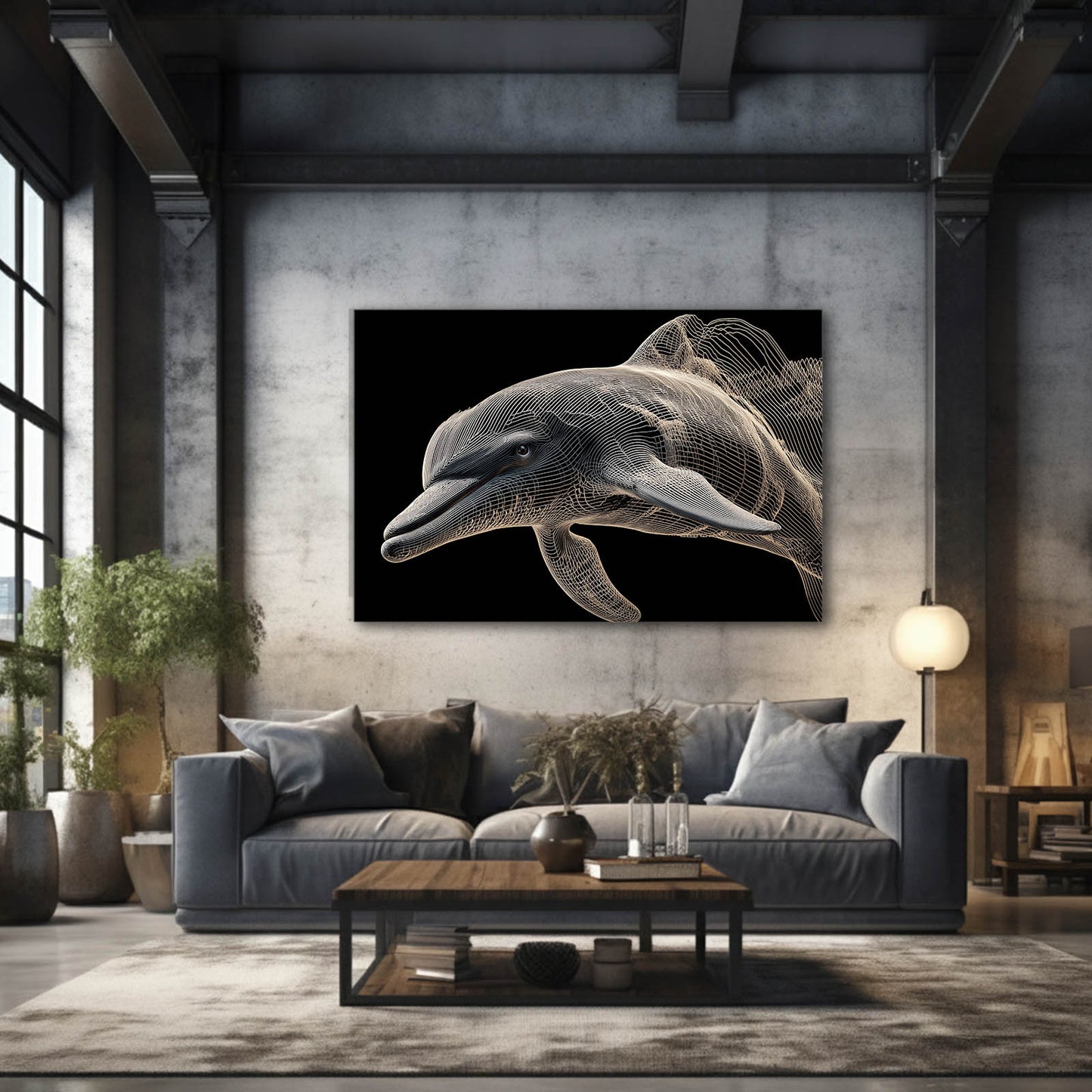 Golden Wire Dolphin Wall Art – styled in a furnished interior