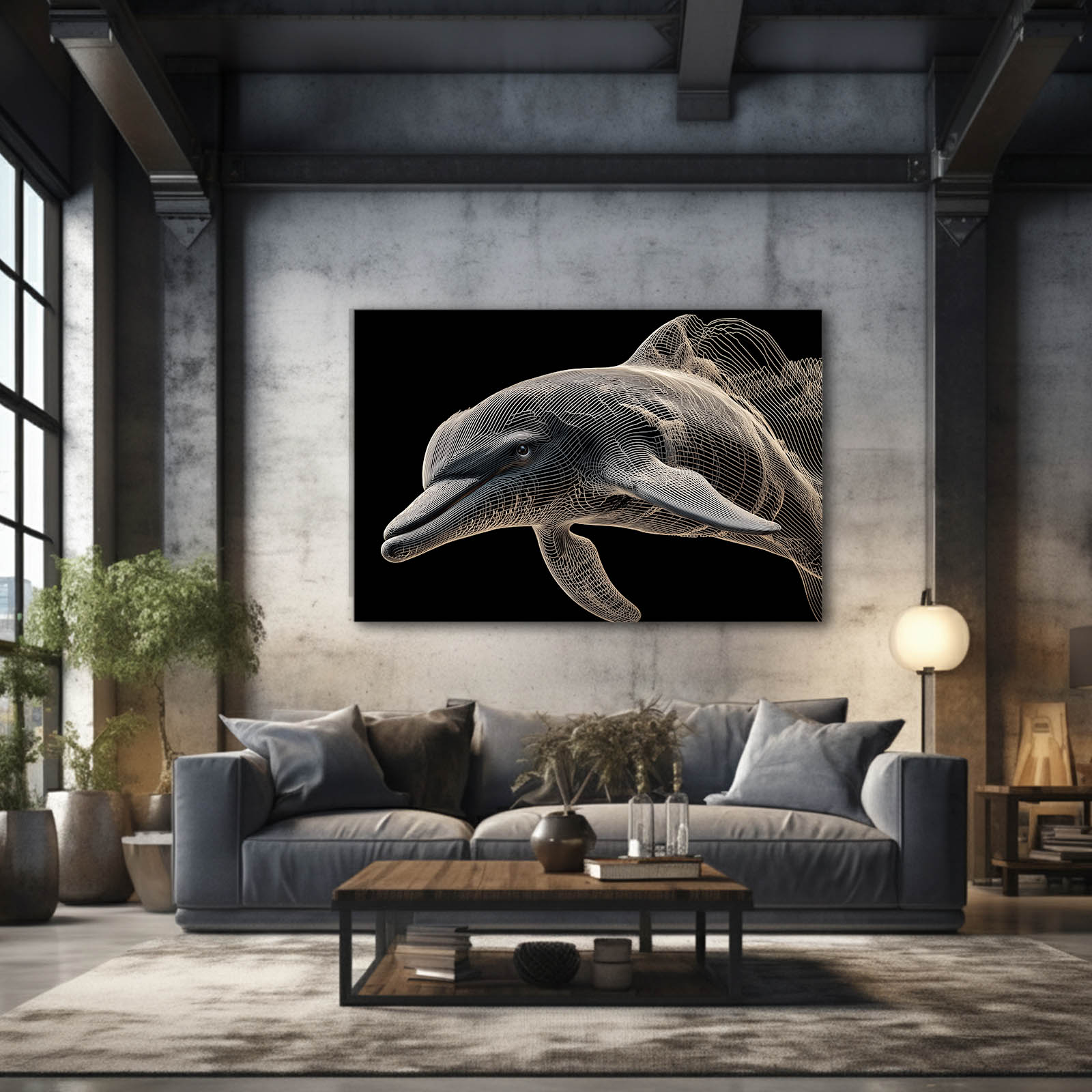 Golden Wire Dolphin Wall Art – styled in a furnished interior