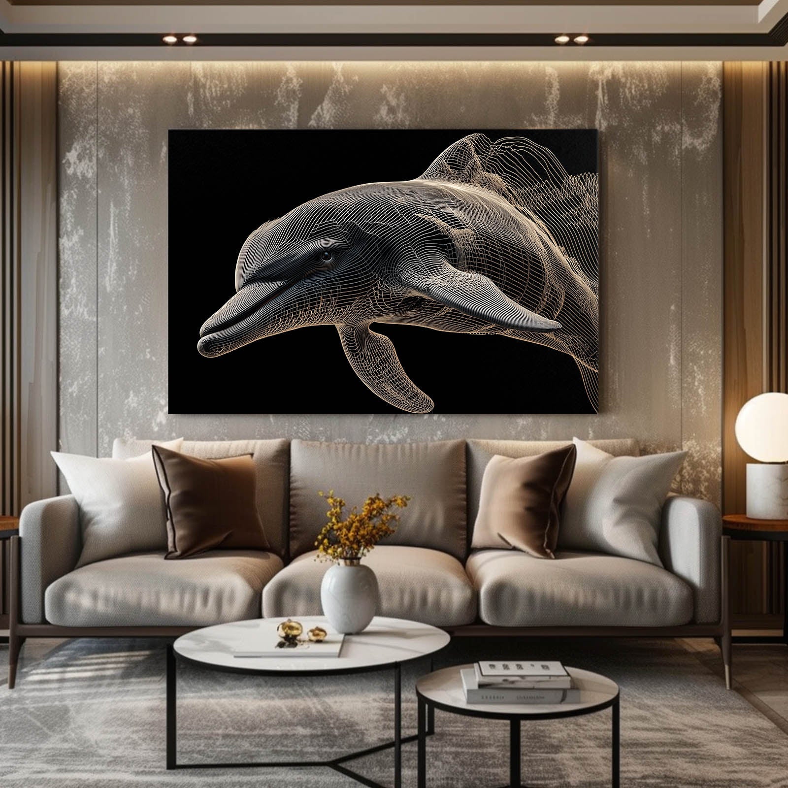 Golden Wire Dolphin Wall Art – styled in a furnished interior