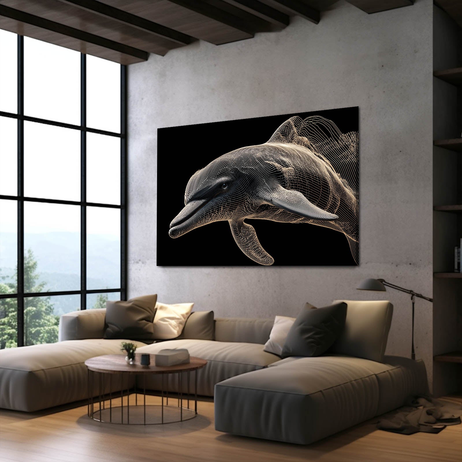 Golden Wire Dolphin Wall Art – styled in a furnished interior