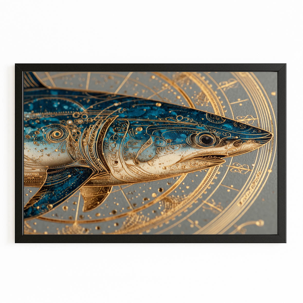 Golden Zodiac Ornate Shark Art – with Premium Black frame on white background