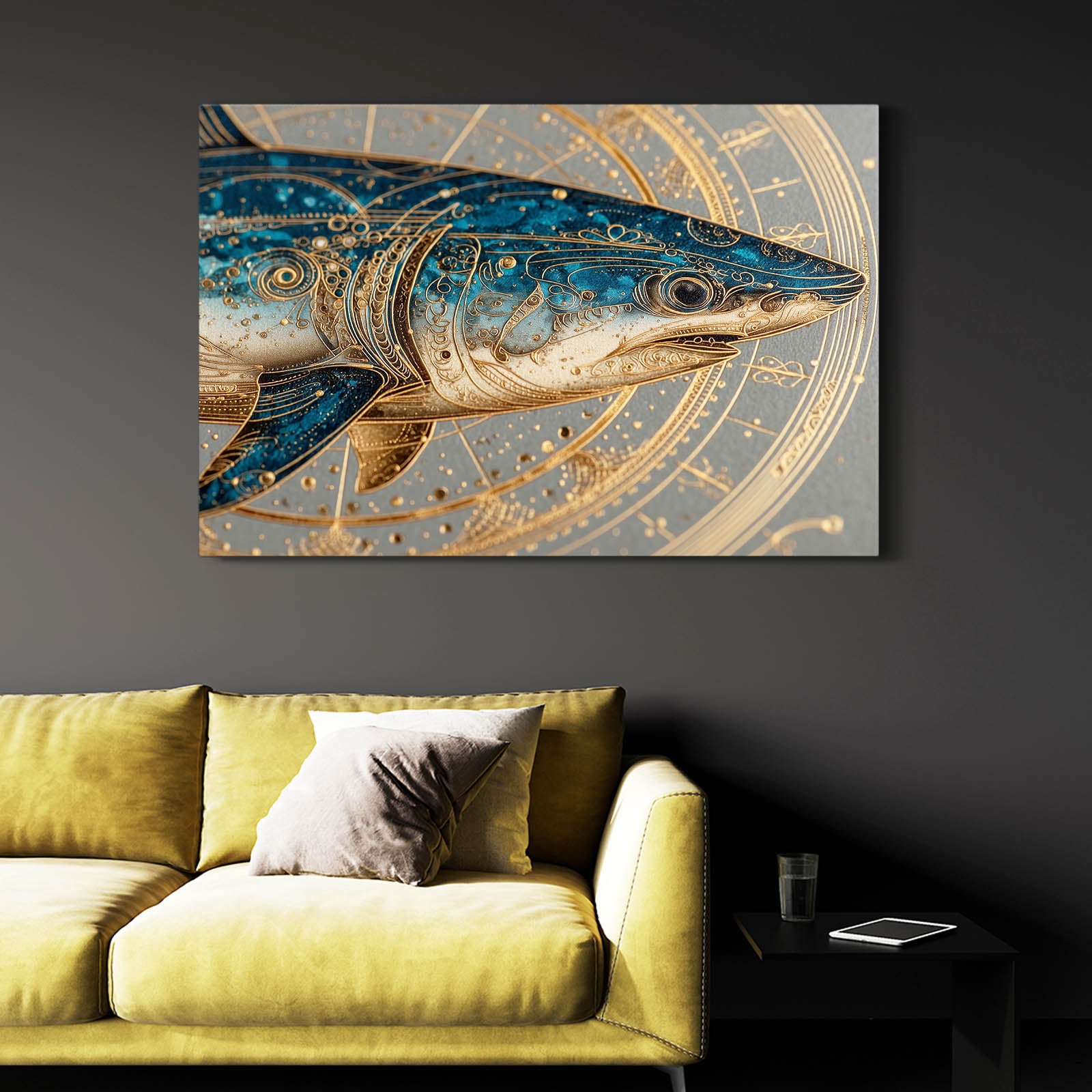 Golden Zodiac Ornate Shark Art – styled in a furnished interior