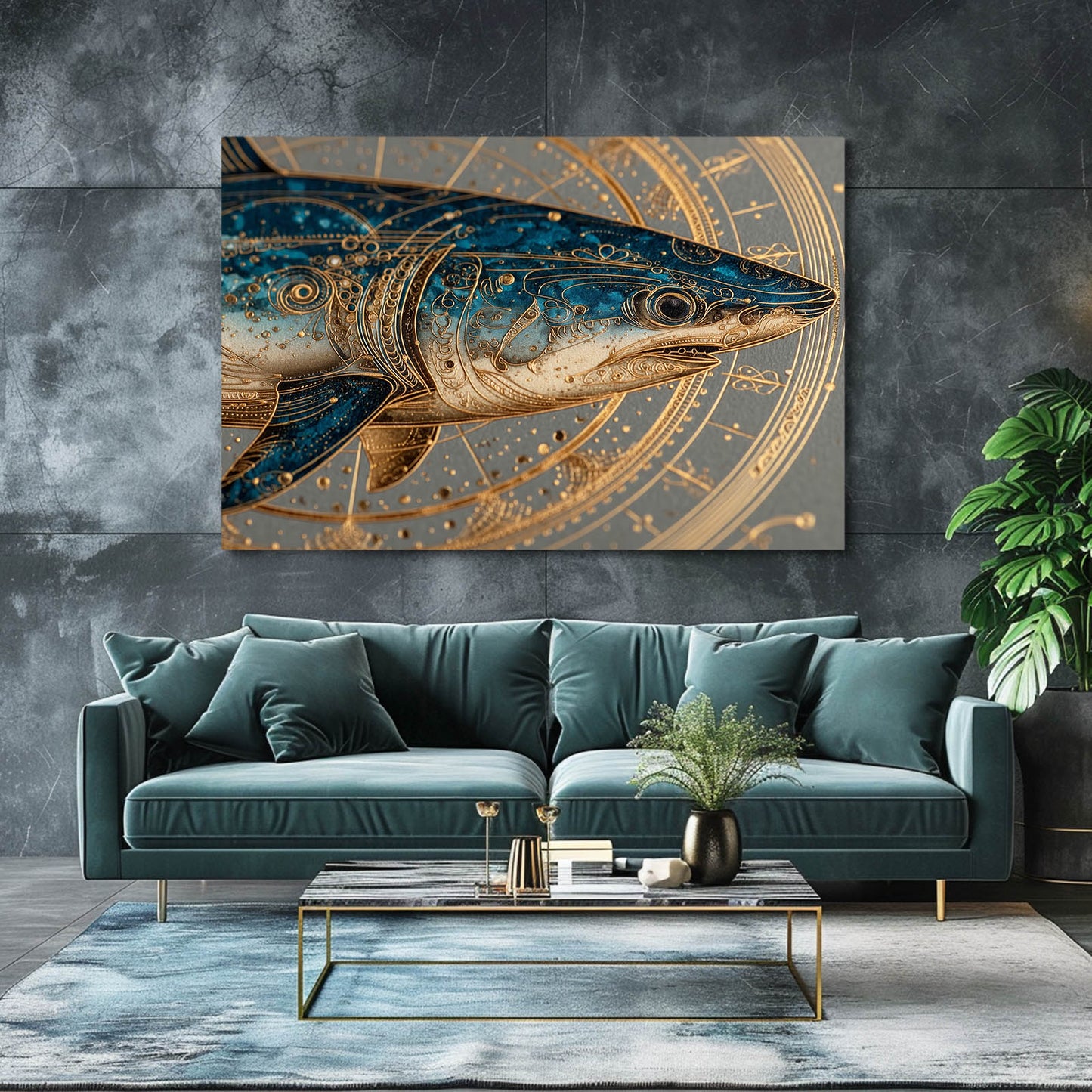 Golden Zodiac Ornate Shark Art – styled in a furnished interior