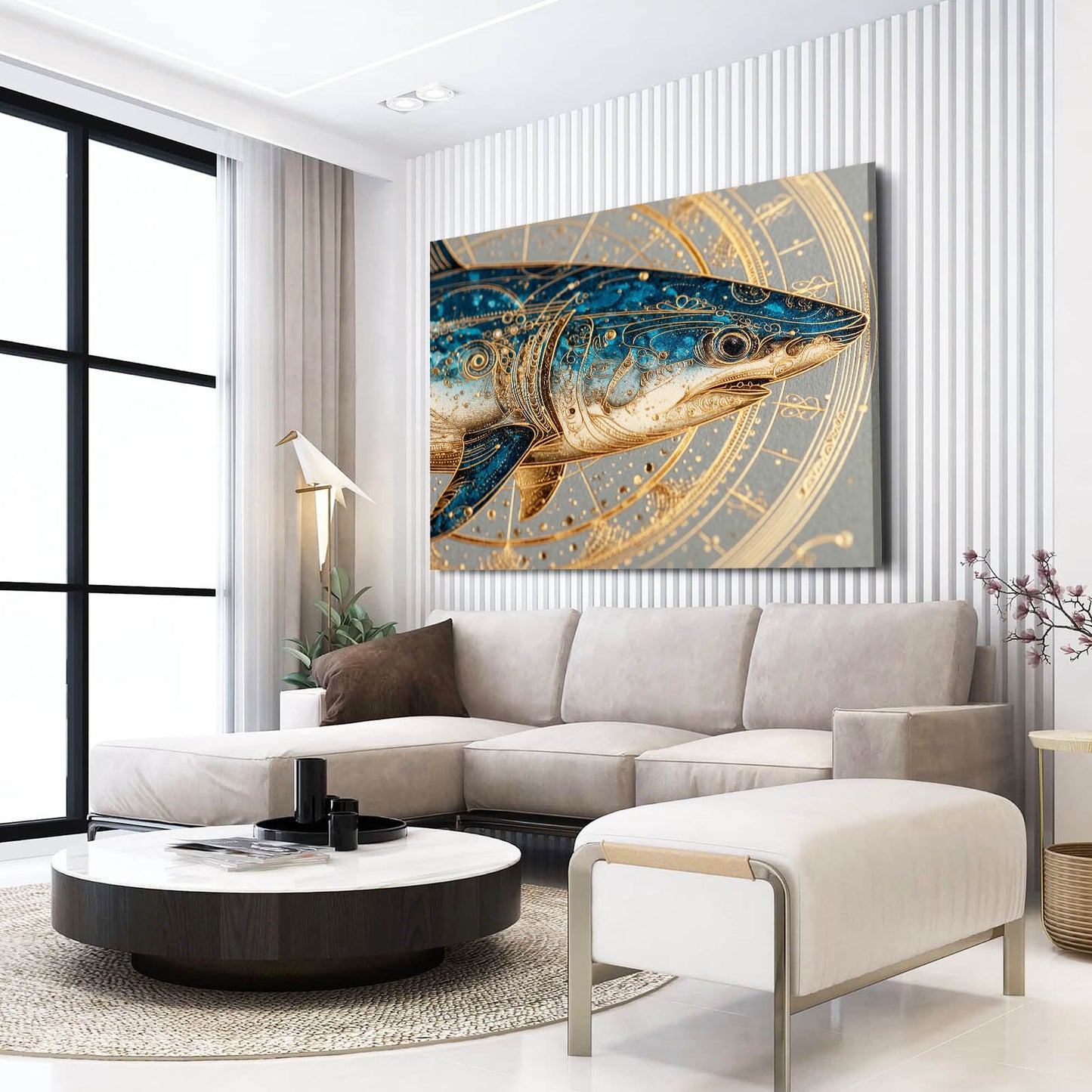 Golden Zodiac Ornate Shark Art – styled in a furnished interior