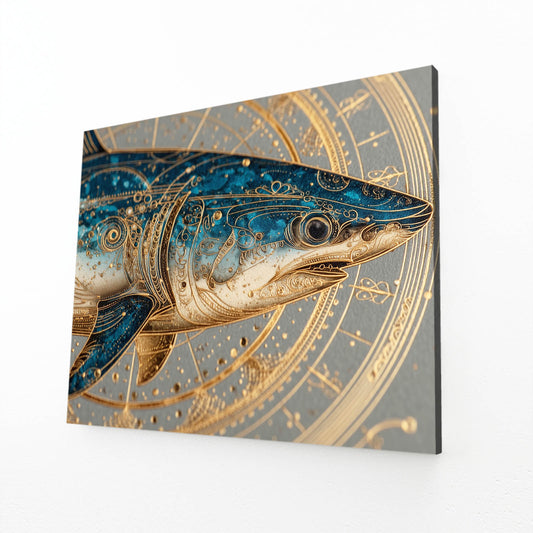 Golden Zodiac Ornate Shark Art – angled canvas view on white background