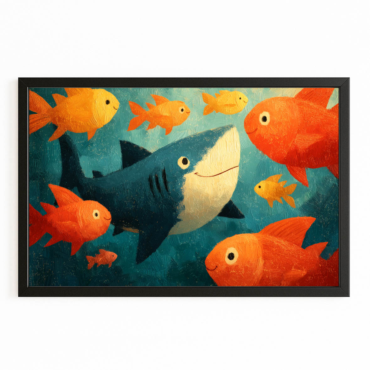 Goldfish Friends Cartoon Shark Art – with Premium Black frame on white background