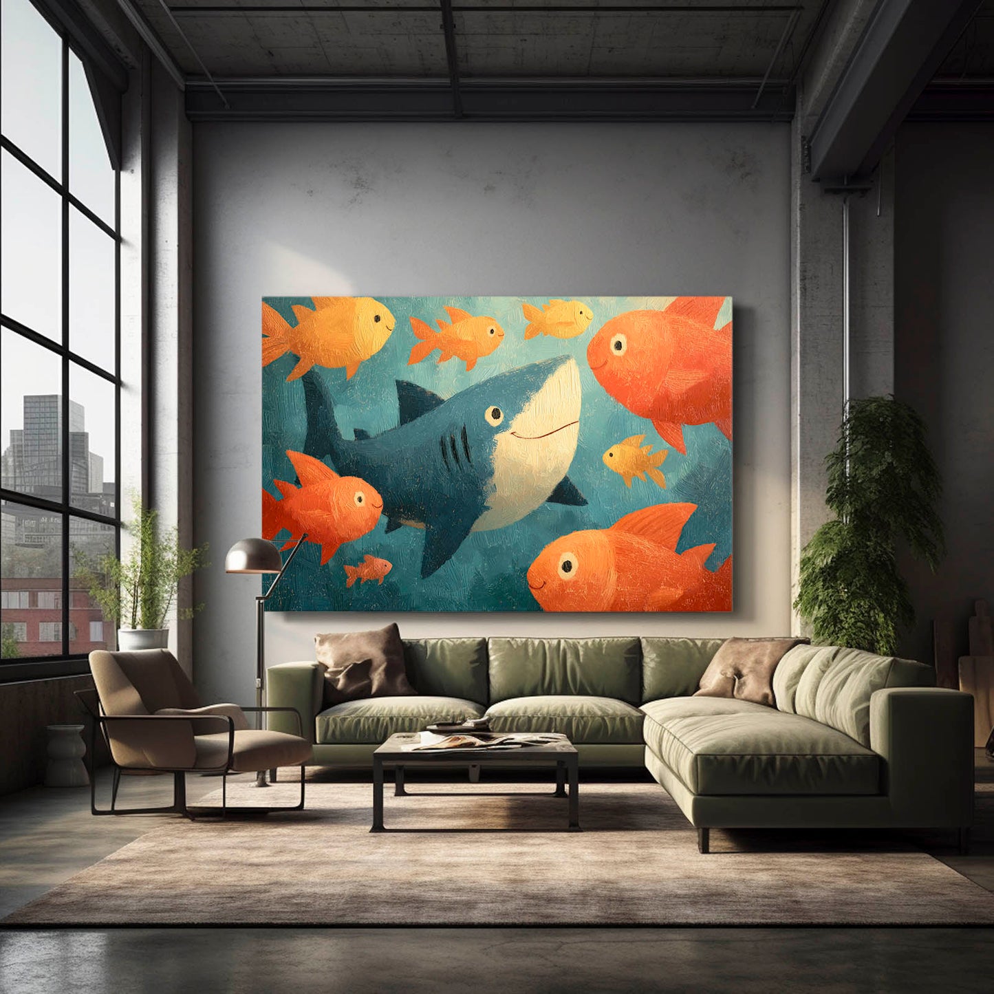 Goldfish Friends Cartoon Shark Art – styled in a furnished interior