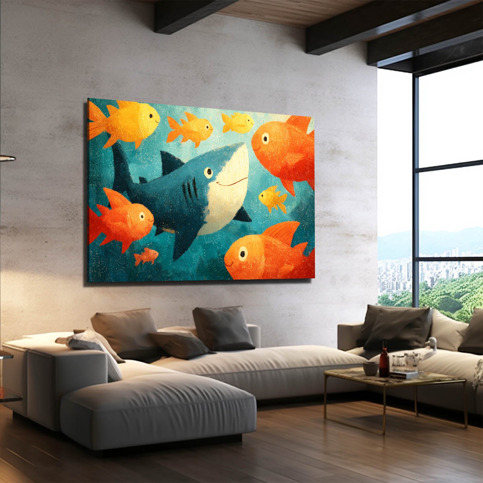 Goldfish Friends Cartoon Shark Art – styled in a furnished interior