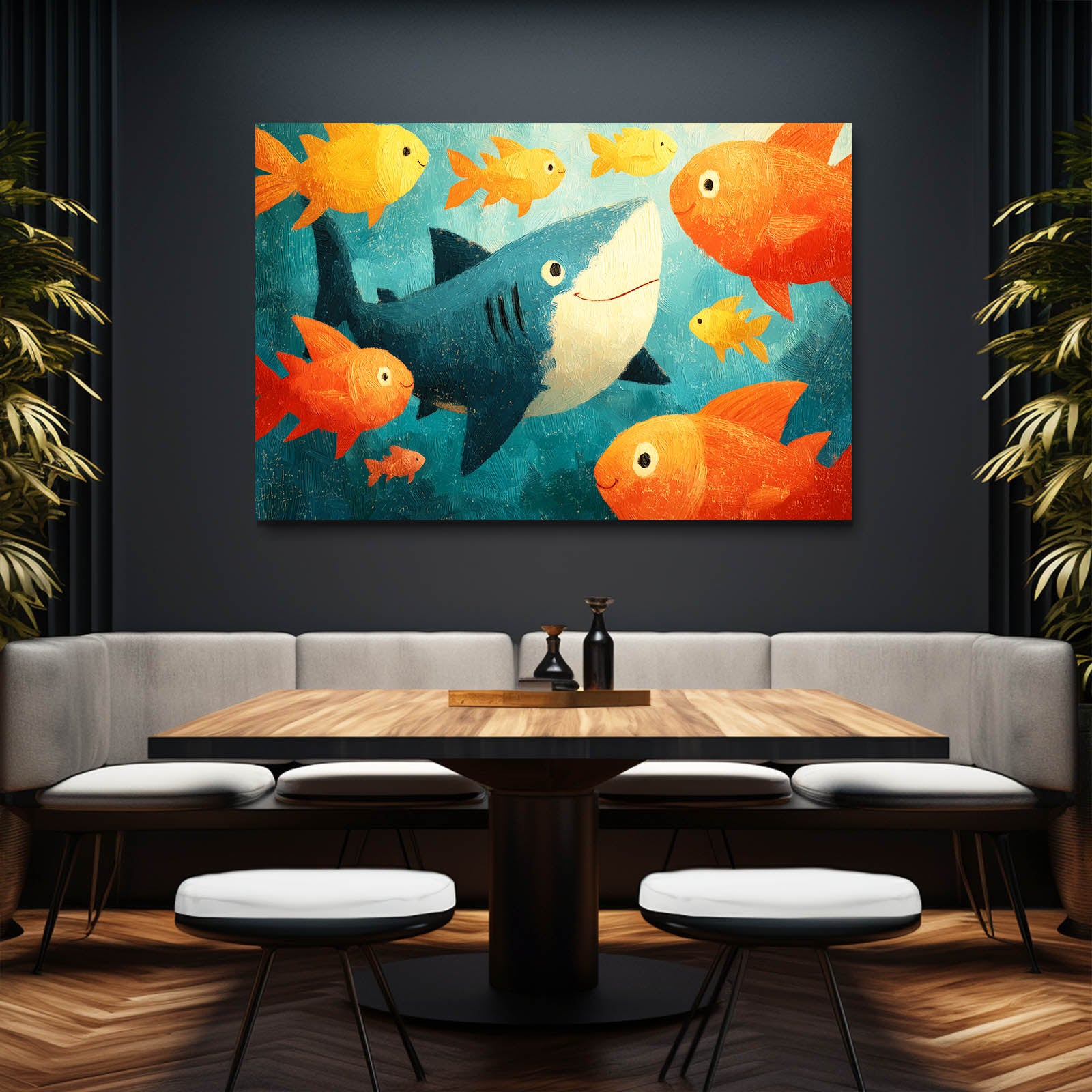 Goldfish Friends Cartoon Shark Art – styled in a furnished interior