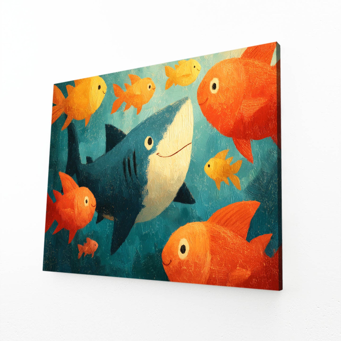 Goldfish Friends Cartoon Shark Art – angled canvas view on white background