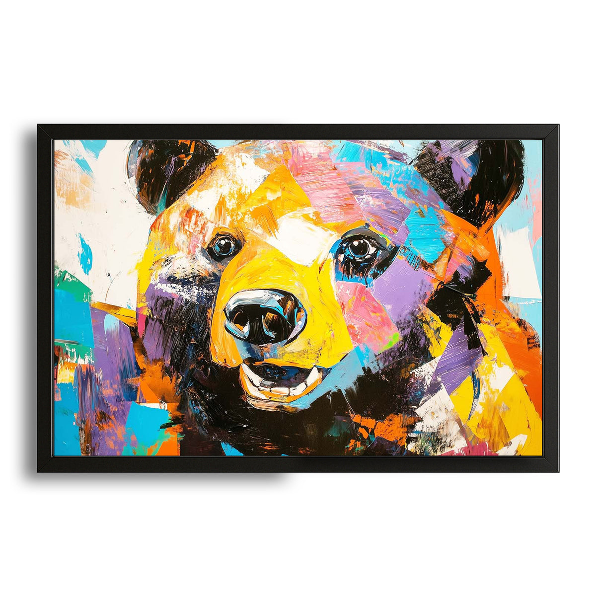 Graffiti Bear Art — contemporary canvas print in orange tones, with Premium Black frame on white background