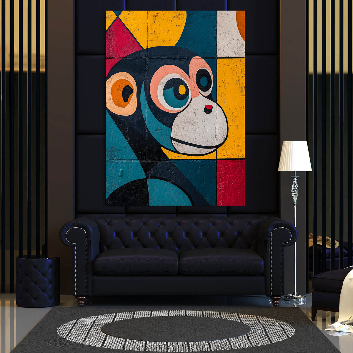 Graffiti Block Face Monkey Wall Decor — pop art canvas print, styled in a furnished interior
