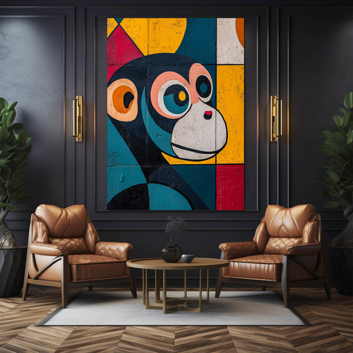 Graffiti Block Face Monkey Wall Decor — pop art canvas print, styled in a furnished interior