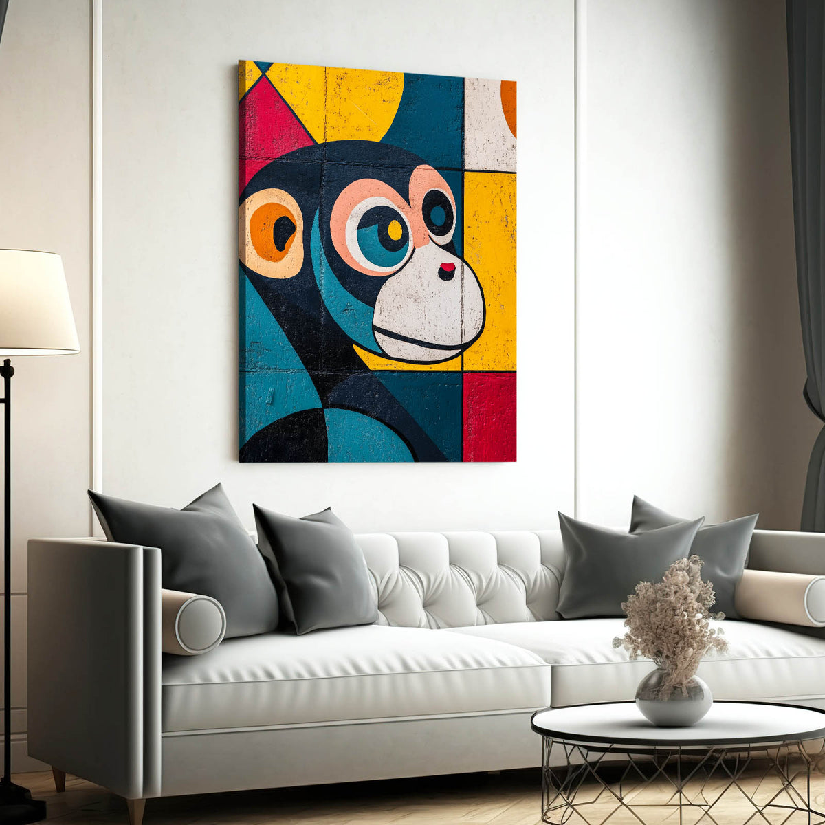 Graffiti Block Face Monkey Wall Decor — pop art canvas print, styled in a furnished interior
