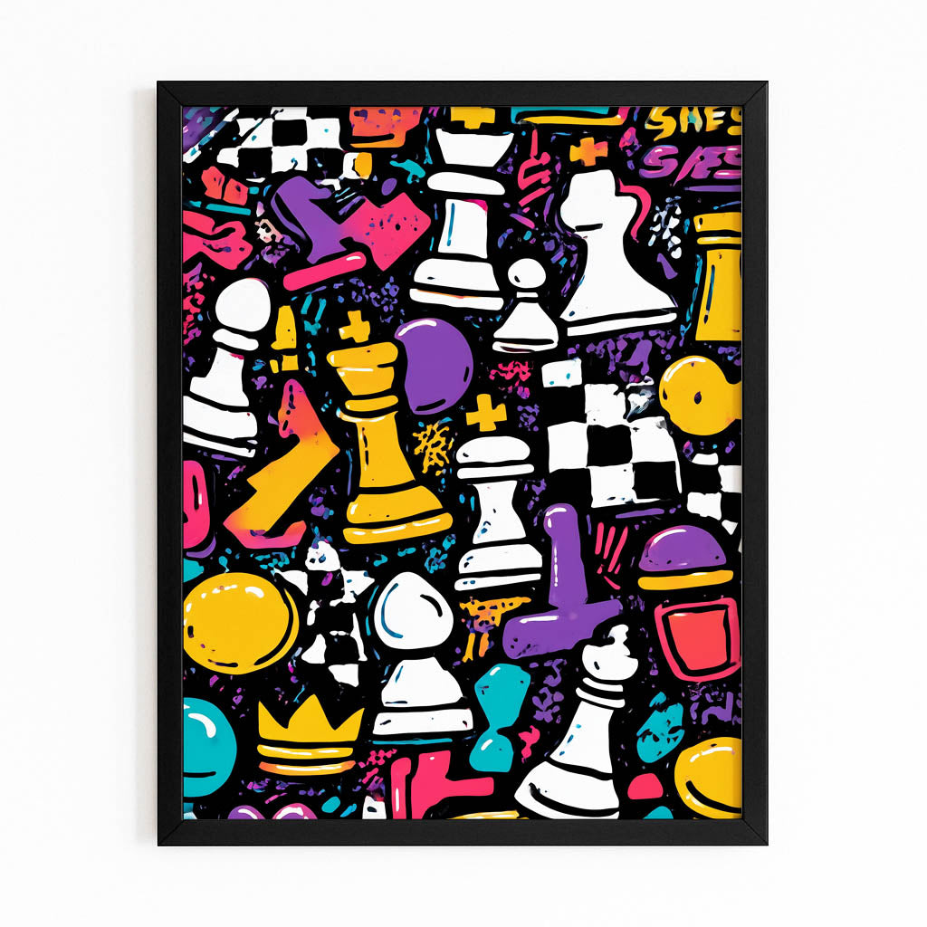 Graffiti Doodle Board Chess Art – with Premium Black frame on white background