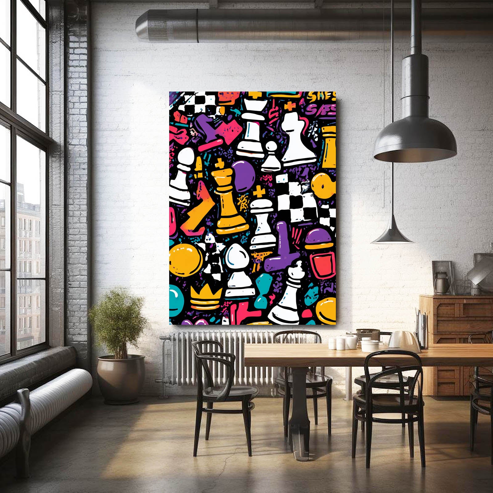 Graffiti Doodle Board Chess Art – styled in a furnished interior