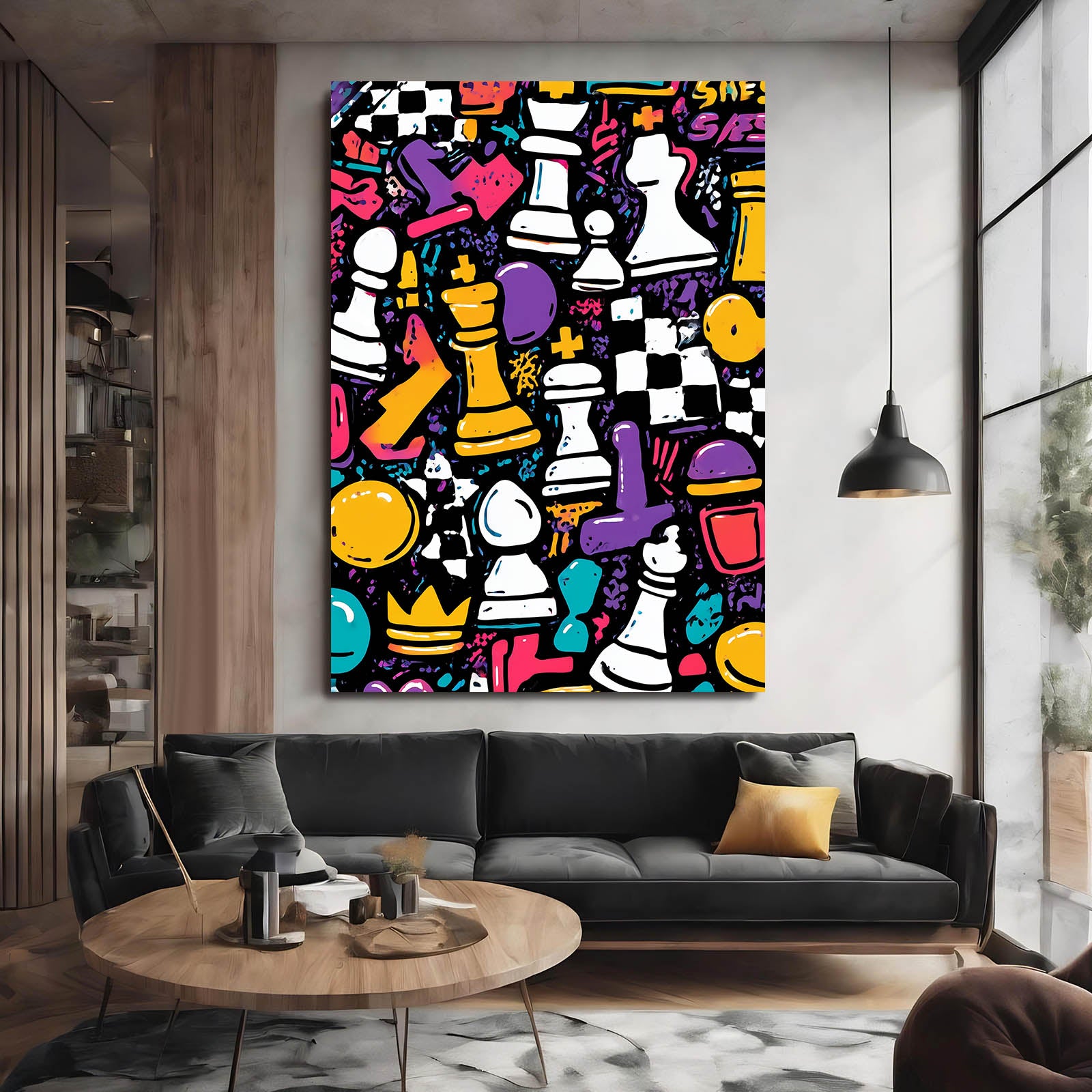 Graffiti Doodle Board Chess Art – styled in a furnished interior
