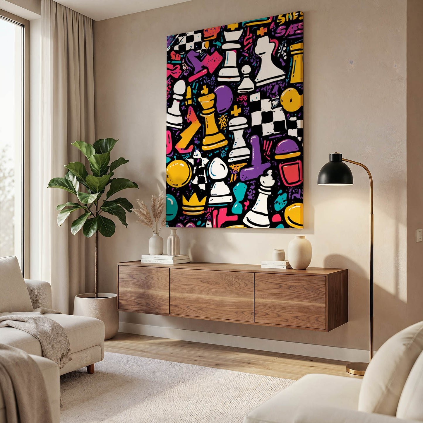 Graffiti Doodle Board Chess Art – styled in a furnished interior