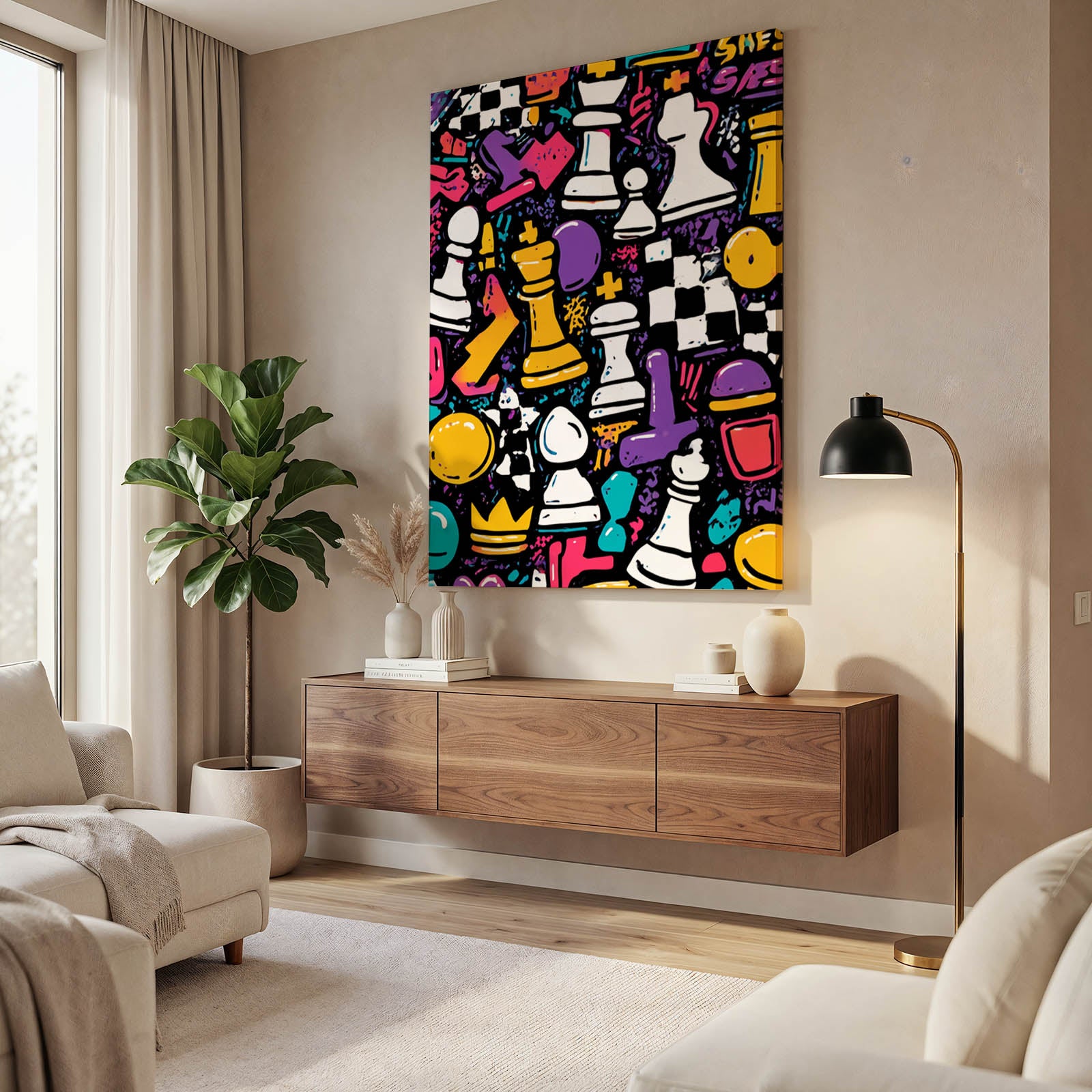Graffiti Doodle Board Chess Art – styled in a furnished interior