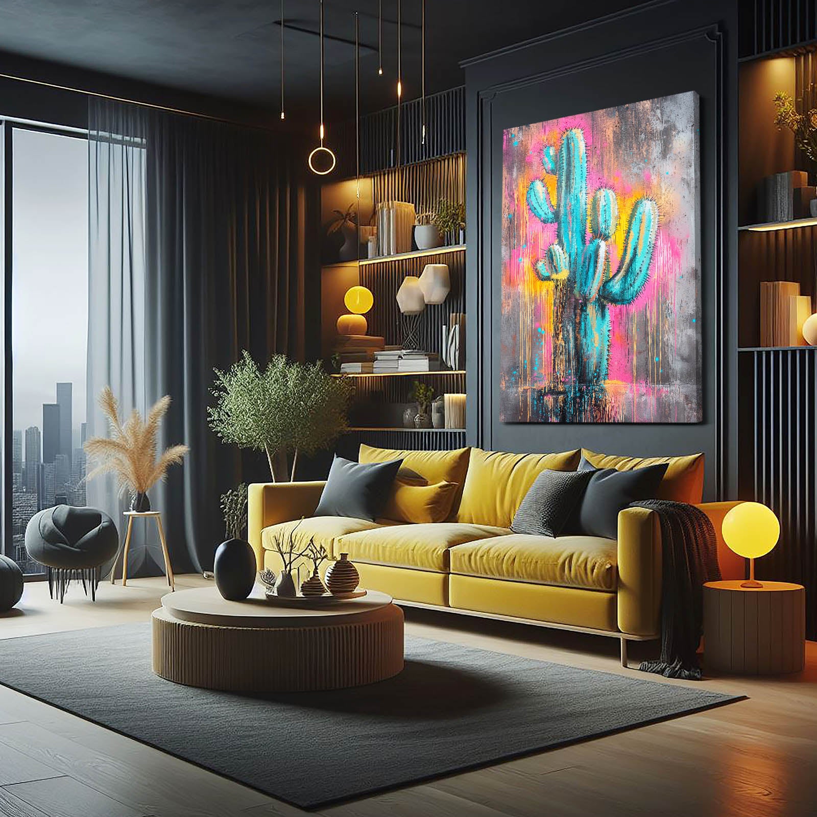 Graffiti Drip Wall Cactus Wall Decor – styled in a furnished interior