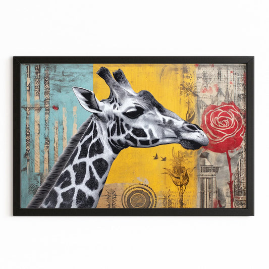 Framed artwork with a giraffe and red rose on a colorful abstract background