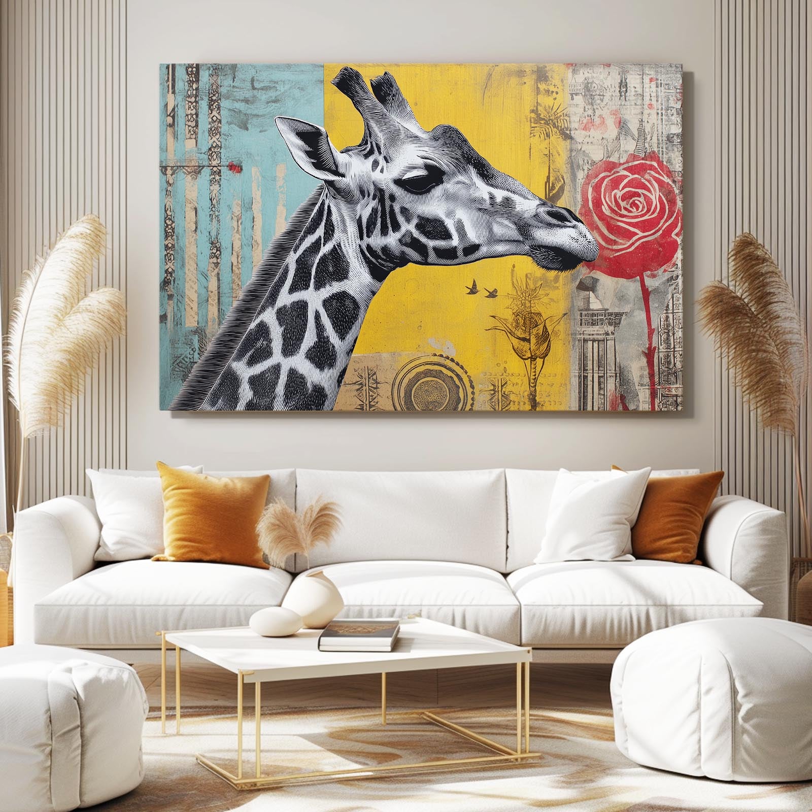 Sofa with decorative pillows and a large painting of a giraffe on the wall.