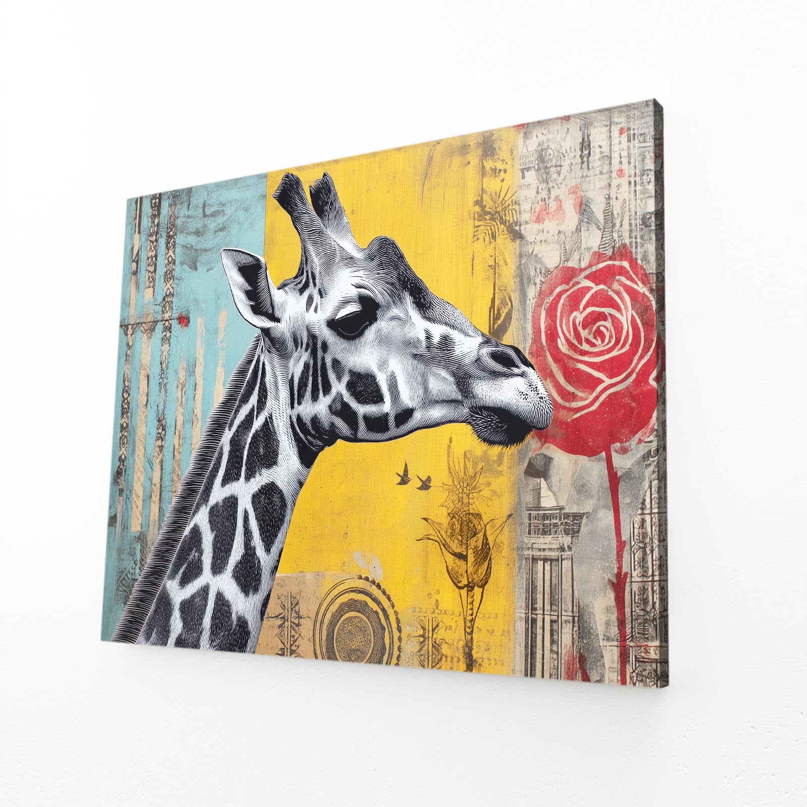 Canvas print with a giraffe and red rose design on a textured background