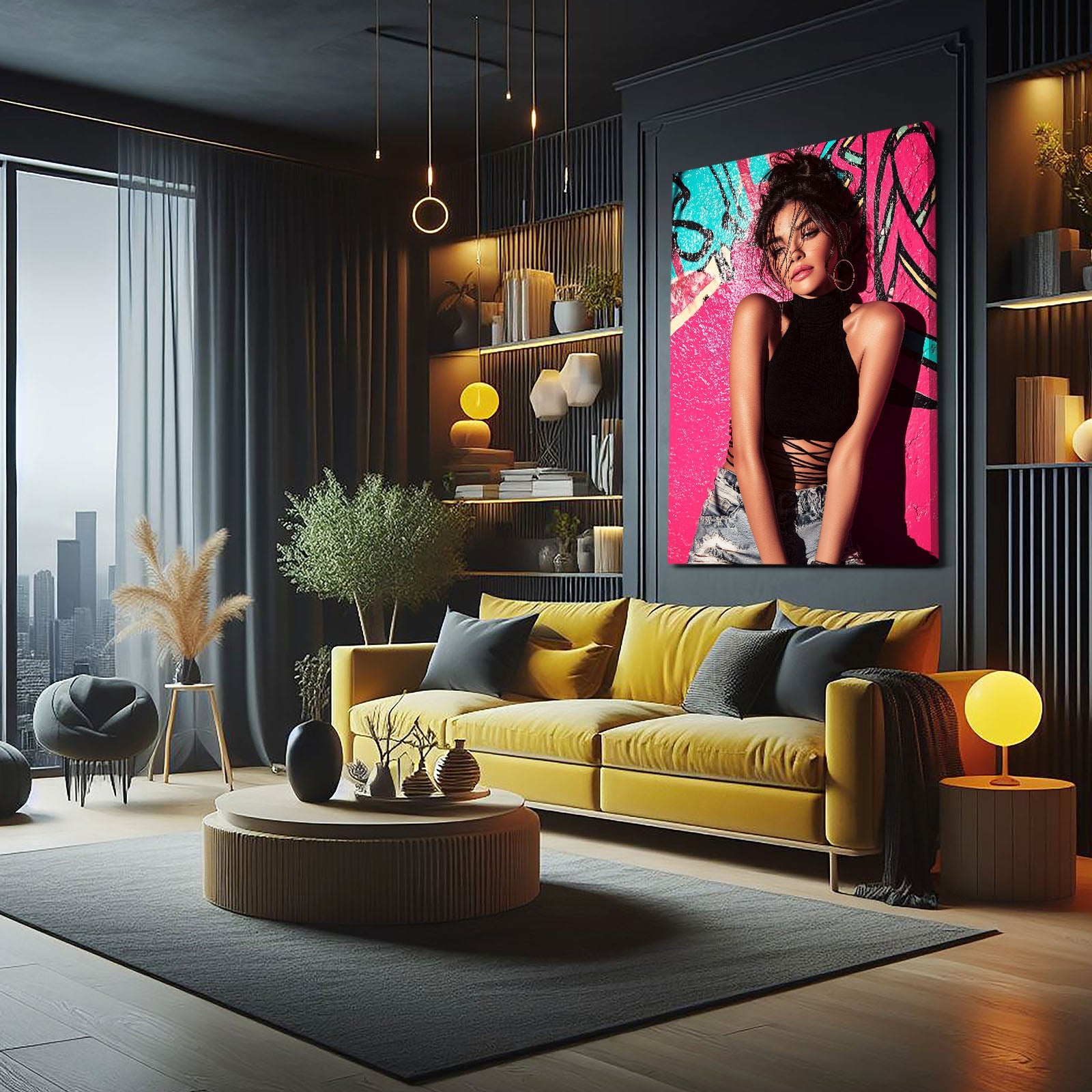 Graffiti Glam Photography Prints – above a yellow velvet sofa in a dark lounge
