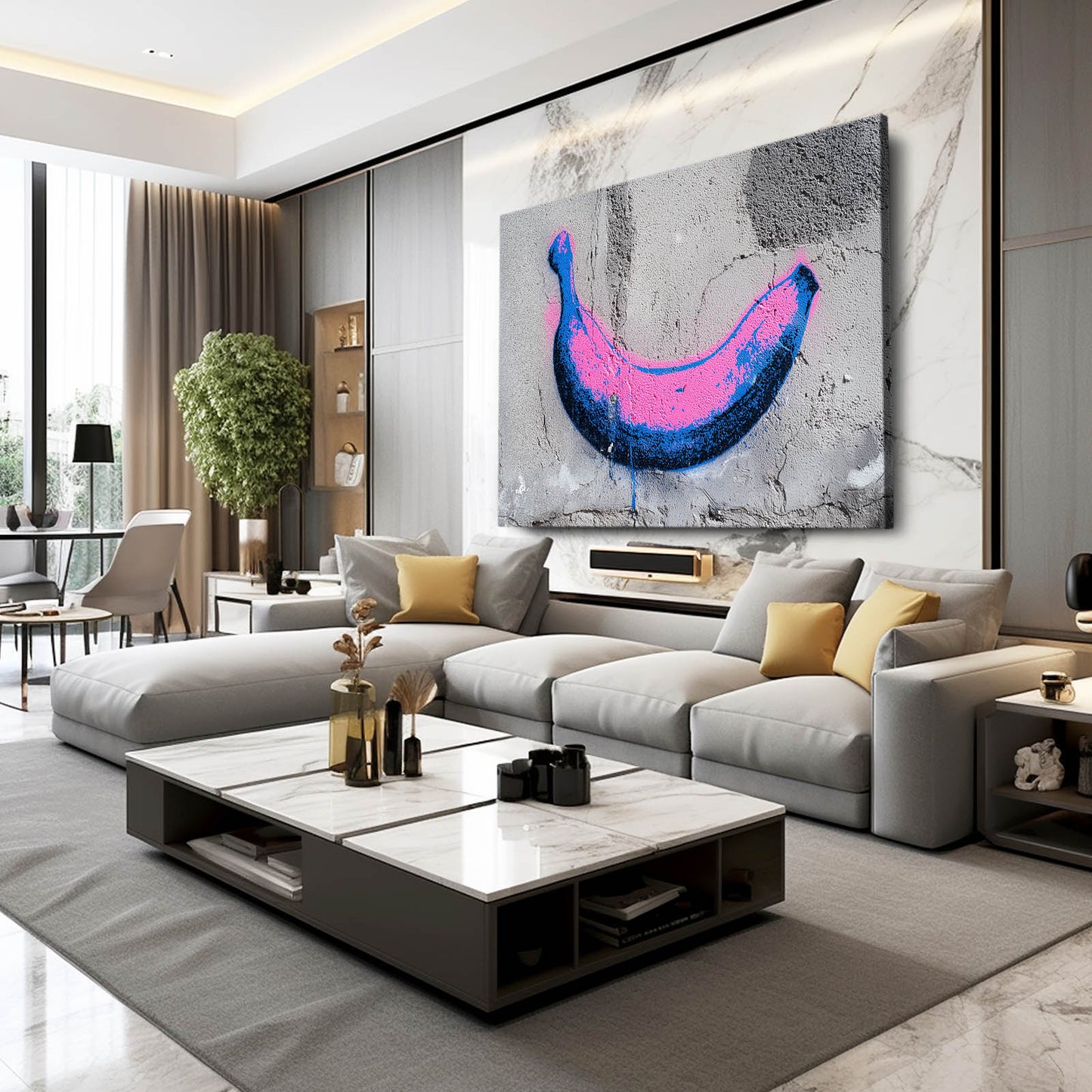 Graffiti Spray Banana Fruit Canvas – styled in a furnished interior
