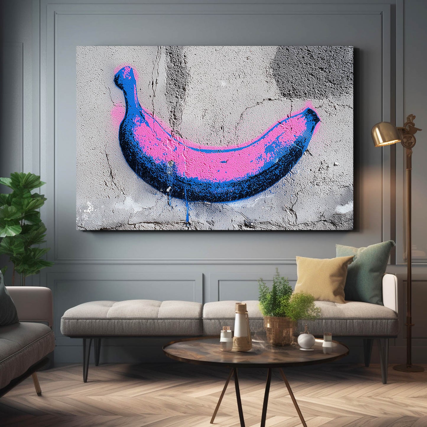 Graffiti Spray Banana Fruit Canvas – styled in a furnished interior