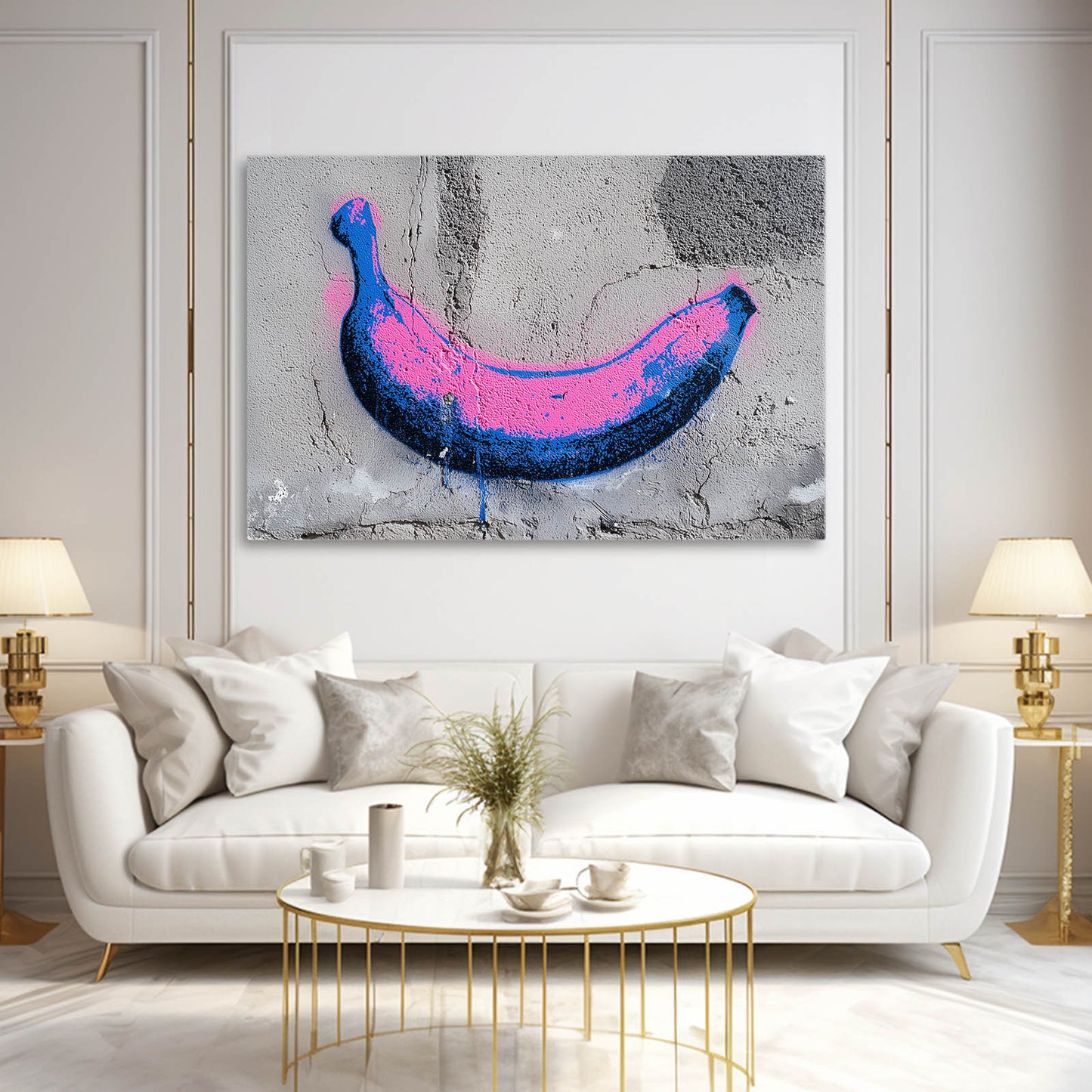 Graffiti Spray Banana Fruit Canvas – styled in a furnished interior